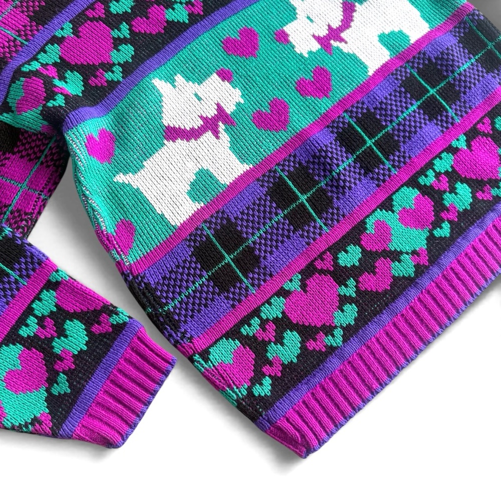 Vintage 80s Purple Green Scottie Dog Knit Sweater Hearts Plaid Girls 10-12 - Picture 4 of 11